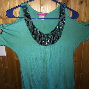 Mint green Rhinestone cold shoulder top
